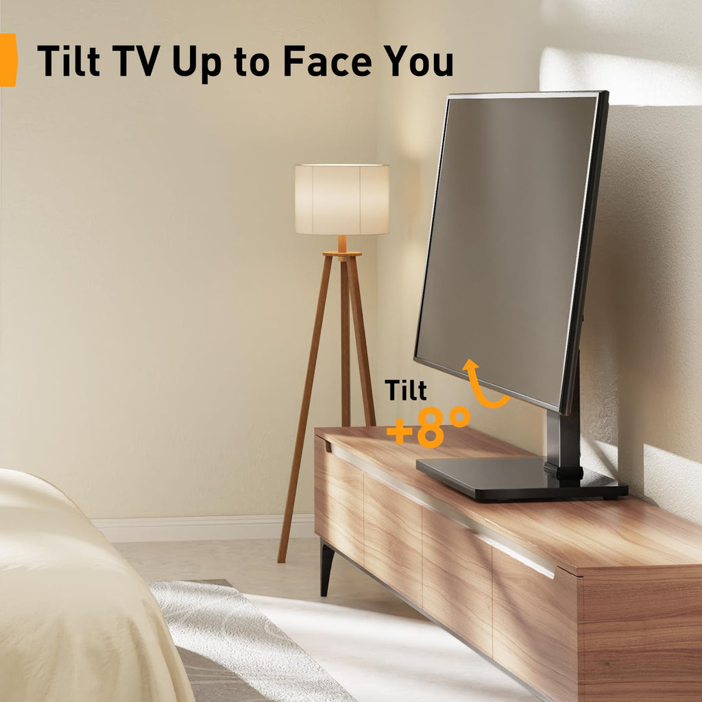 Perlegear Universal Swivel TV Stand with Power Outlet, Tabletop TV Stand for 34–65 Inch TVs up to 88 lbs, Tempered Glass TV Mount Stand Base with Height Adjustment, Tilt, Max VESA 400x400mm,PGTVS27