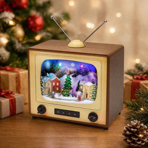 Moments in Time | Animated Retro TV Christmas Village Scene - 6” Hand-Painted Lighted Décor with LED Lights & Moving Tree