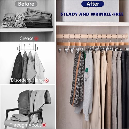 Amber Home Wooden Pants Hangers - 24 Pack Natural Wood Clips for Jeans, Slacks & Shorts