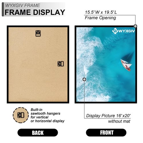 Wyxgiv 16x20 Picture Frame Set of 2, Scratch-Proof Black Frame Lightweight yet Sturdy Display Poster Artwork 16 x 20 Horizontally/Vertically - Slide-In Strips|2 Packs|Black|16"x20"