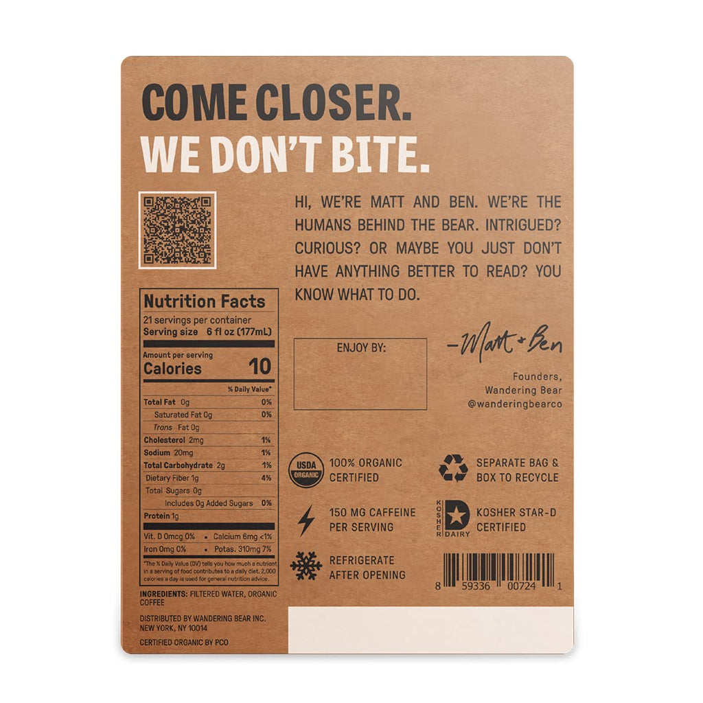 Wandering Bear Straight Black Organic Cold Brew Coffee On Tap, Iced Coffee Drink - Extra Strong, Bold, Smooth, No Sugar Added, Shelf-Stable, Ready to Drink & Vegan, 100% Organic - 128 fl oz (1 gallon)