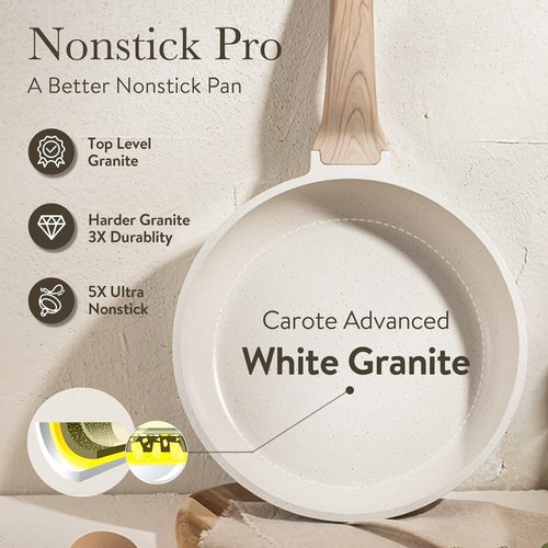 CAROTE 12 Inch Non Stick Frying Pan with Lid,White Granite Nonstick Skillet Omelet Pans, Egg Pan Granite Cookware, PFOS & PFOA Free
