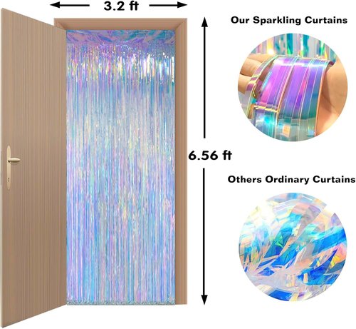 Melsan Iridescent Party Decorations - Holographic Tinsel Foil Fringe Curtain | 2 Packs, 3.2 x 6.56 ft for Mermaid Birthday Parties