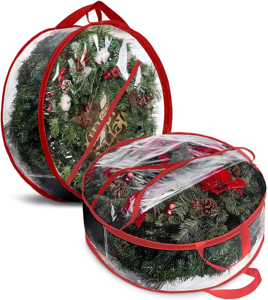 ProPik Christmas Wreath Storage Bag - Waterproof Clear PVC Container for 30" Wreaths | 2-Pack, Red
