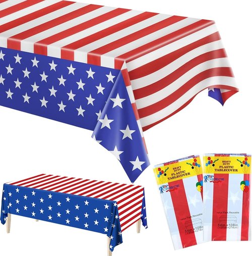 Independence Day Tablecloth - 2 Pack Waterproof Disposable Rectangle Covers | 54x108 in for Patriotic Celebrations