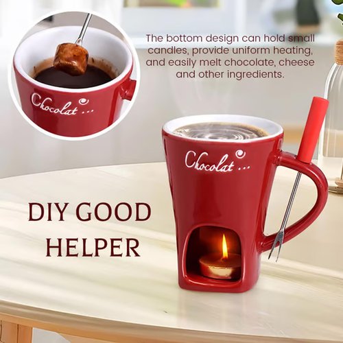 Sweet Fondue Cup for Date Night and More, Chocolate Melting Cup Set with Forks, Perfect as Fondue Mug or Chocolate Fondue Mug - Ideal Gifts for Birthday, Wedding, Mini Simmer Mug (White+Red)
