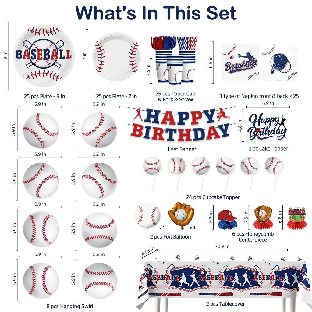 Xynic 202Pcs Baseball Birthday Decorations Tableware Set Serve 25 Guests, Baseball Party Decorations Include Banner, Plates, Tablecloth, Cake Topper, Cups, Cupcake Topper for Baseball Birthday Party