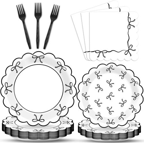 **Regine Switzerland 96-Piece Bow Party Decorations | Elegant Black & White Tableware for 24 Guests**