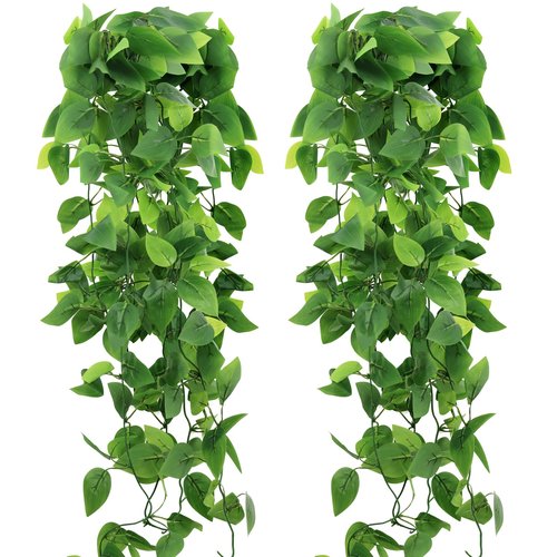 HOREAKHJ 2-Pack Fake Hanging Plants, Faux Hanging Plant Artificial Greenery for Living Room Bedroom Boho Wall Shelf Indoor Outdoor Decor (Green Pothos Ivy Vines)