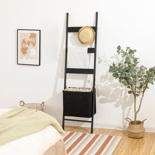 HOOBRO Blanket Ladder with Basket, 17.3”L x 63.4”H, Towel Rack with Hooks, Blanket Holder Rack, Decorative Ladder Shelf, Drying and Display Rack for Bathroom, Living Room, Black BB31CJ01