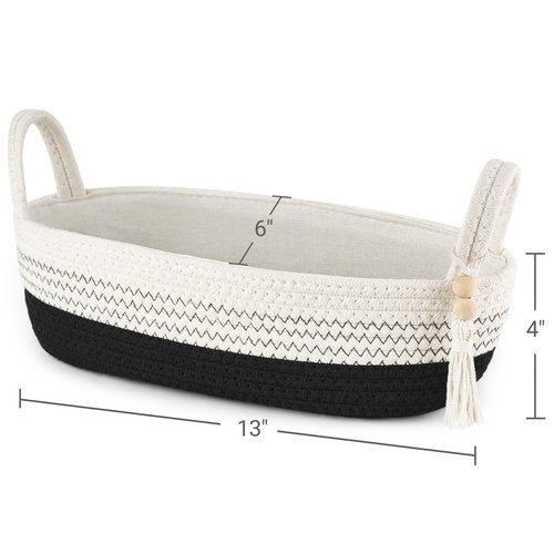 Mkono Small Storage Basket for Toilet Tank Top Boho Bathroom Decor Woven Rope Toilet Paper Tray Organizer for Shelf Bedroom Living Room, Black and White, 1 Pack, 13" L x 6" W
