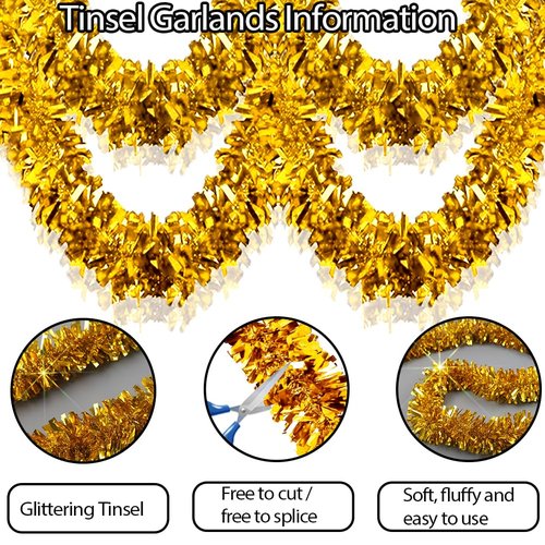 33Ft Christmas Tinsel Garland Shiny Thick Gold Tinsel Decor Xmas Tree Decorations Metallic Twist Foil Garland for Christmas Birthday Holiday New Year Parties Indoor Outdoor Party Supplies - Gold