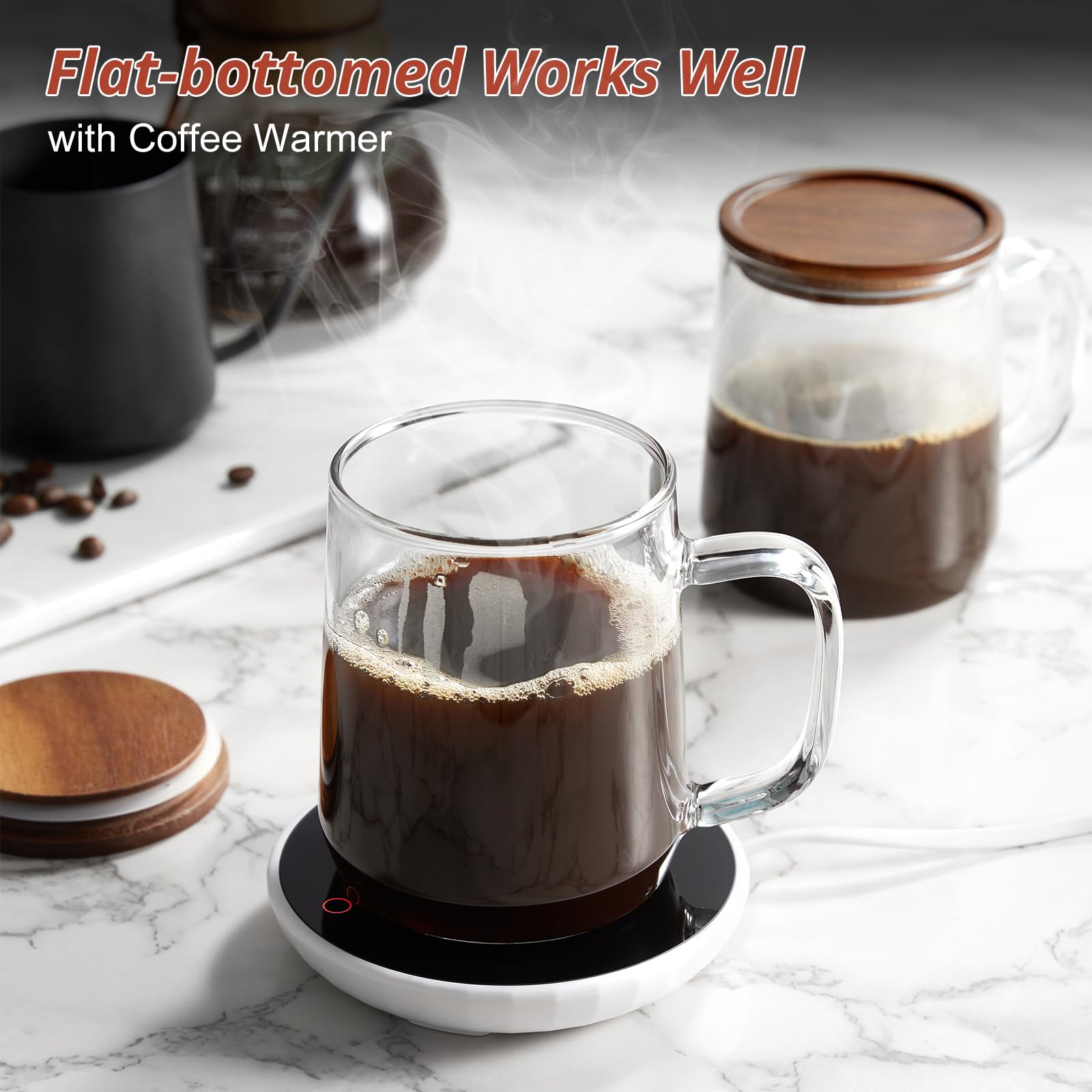 CMLKLZD Glass Coffee Mugs, 14 oz Glass Coffee Cups with Acacia Wood Lids, Clear Borosilicate Glass Mugs with Handles for Cappuccino, Tea, Latte, Hot/Cold Beverages, Wine, Americano, Set of 2
