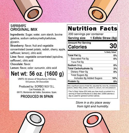 Sorbos Edible Straws, Flavor Mix Variety, Chocolate, Lemon, Lime, Strawberry, Individually Packaged, No PFAS, No Allergens, No Gluten, 7.4 inches long (Pack of 200)