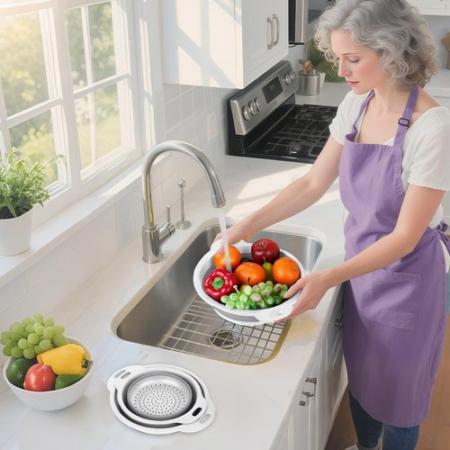 Cluren Collapsible Colander 3-Pack Set Space-Saving Foldable Kitchen Strainer with Non-Slip Base Durable Thickened PP+TPE Collapsible Strainers for Pasta, Vegetables, Fruits (Gray-White)