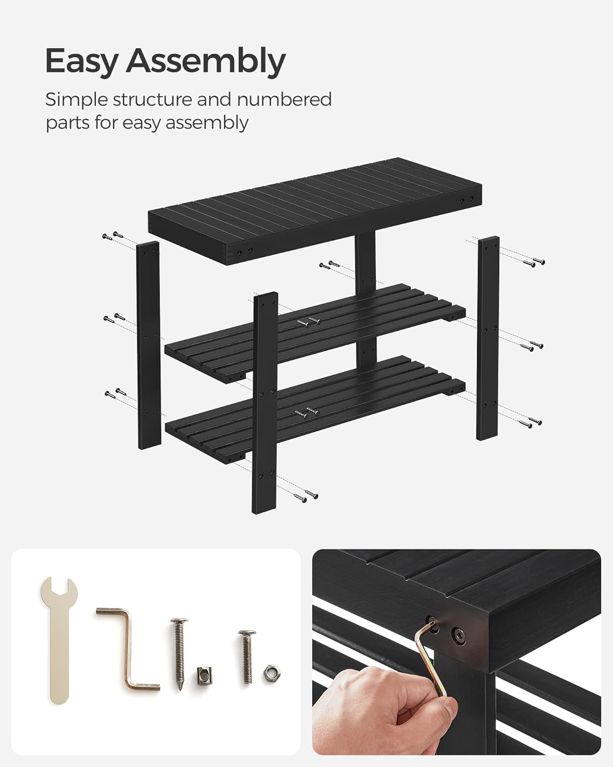 SONGMICS Shoe Rack Bench - 3-Tier Bamboo Storage Organizer | Holds Up to 286 lb, Ink Black, 11.3 x 27.6 x 17.8 Inches