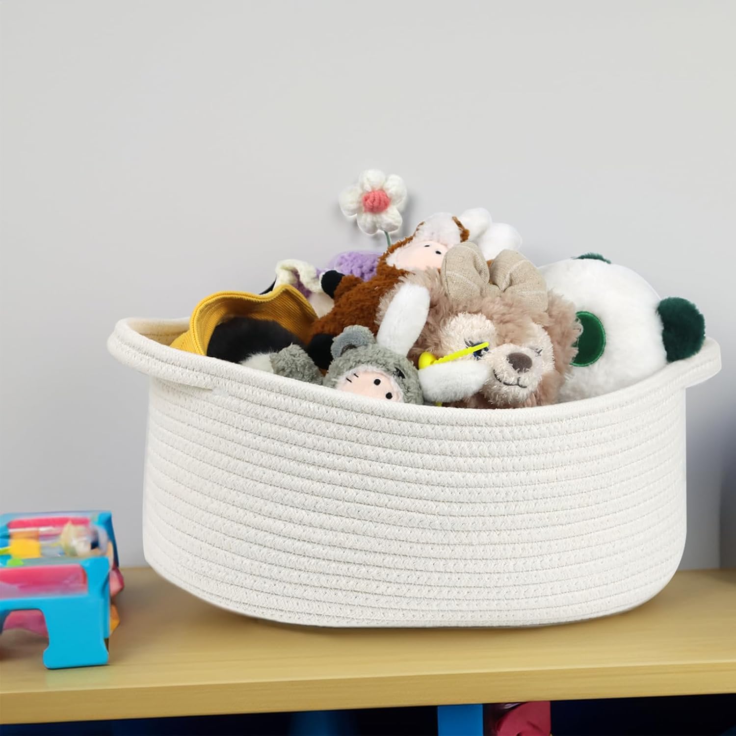 Skiennix Woven Storage Basket - Cotton Rope Boho Organizer with Handle | Small Decorative Toy Bin for Nursery
