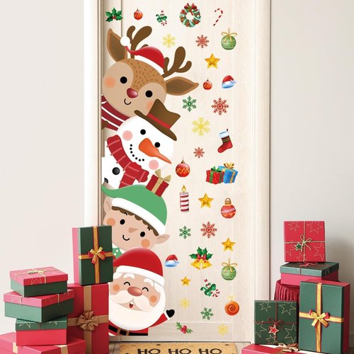 44.88 x 15.75 Inch Christmas Door Decals Christmas Santa Claus Elk Snowman Door Sticker Decor for Holiday Christmas Kids Baby Nursery Playroom Bedroom Classroom Kindergarten Holiday Wall Decor