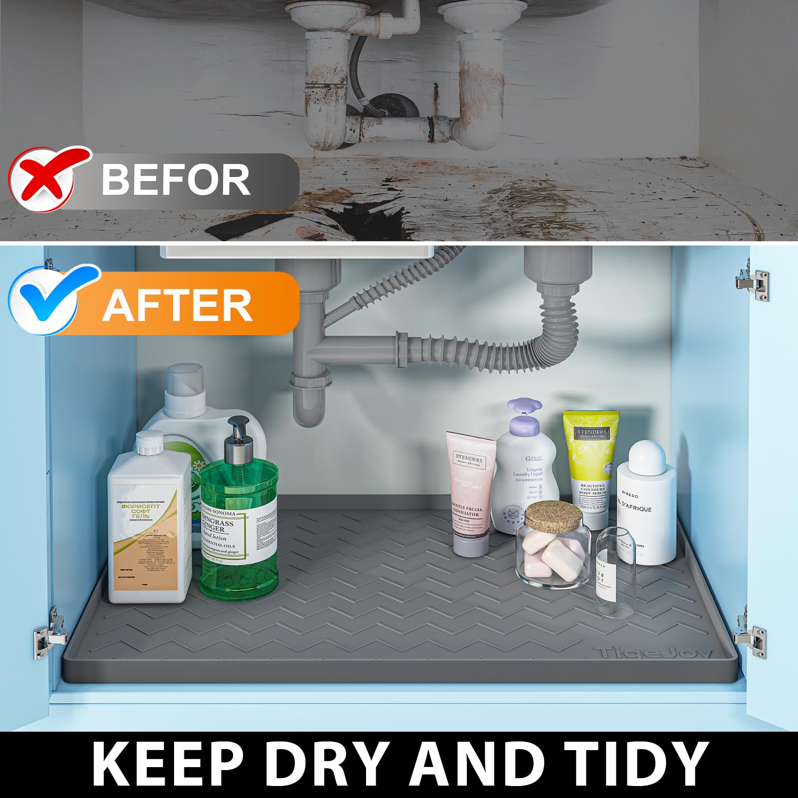 TigeJoy 19" x 19" Under Sink Mats for Kitchen Waterproof, Leak-Proof Silicone Mat Sink Protector and Cabinet Liner, Kitchen Essentials Organizer and Storage, Boot or Shoe Tray, Pet Feeding Mat