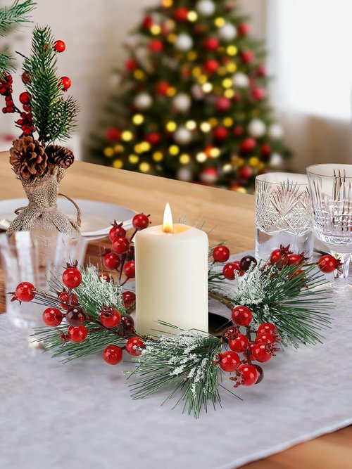 Christmas Candle Rings - Decorative Wreath Garland for 3" Pillar Candles | Red Berry Accents for Holiday Centerpieces