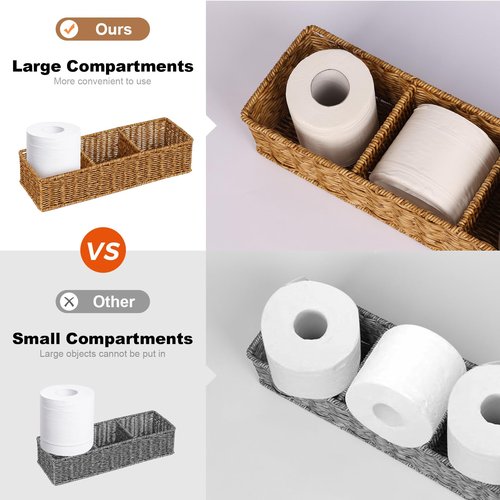 Wicker Toilet Paper Basket: 3 Water-resistant Compartments Organizer - Extra-Large Storage for Bulk Rolls & Toiletries (Farmhouse & Scandinavian, Tan)