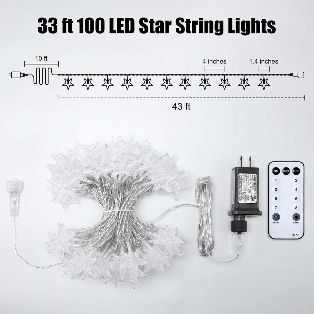 Star String Lights - 33 Ft 100 LED Waterproof Fairy Lights with Remote & Timer | 8 Modes for Home Decor