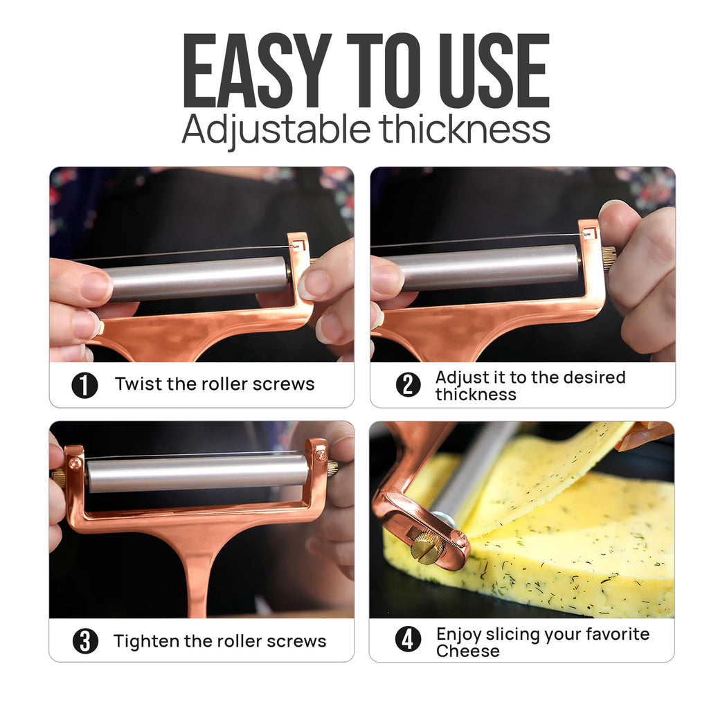 Zulay Adjustable Cheese Slicer - Wire Slicer for Mozzarella, Cheddar, Gouda - Heavy Duty With 2 Extra Wires (Rose Gold)