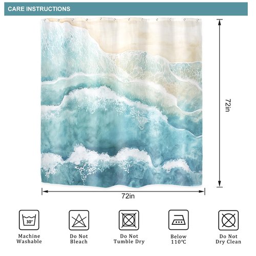 Riyidecor Beach Ocean Wave Shower Curtain for Bathroom Decor 72Wx72H Teal Blue Coastal Nautical Sea Abstract Modern Seaside Minimalist Art Printed Fabric Polyester Waterproof 12 Pack Plastic Hooks