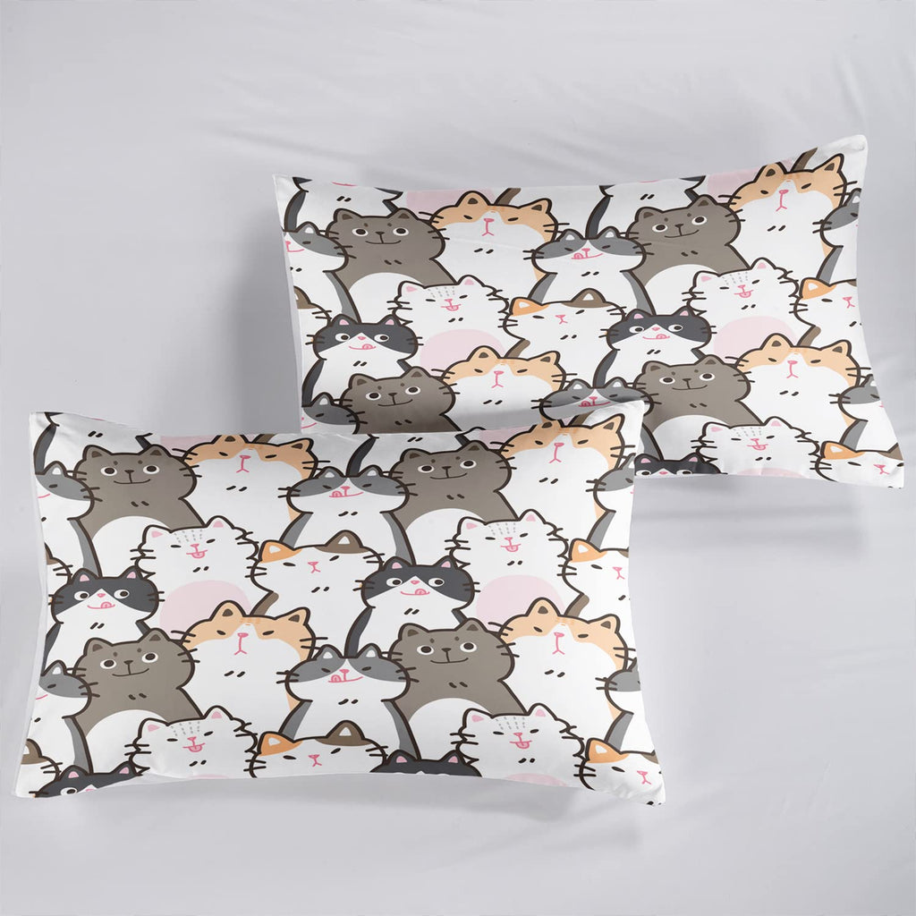 CVHOUSE Cat Fitted Sheet Queen Size,Cartoon Cat Bed Sheet Set for Kids Teens,Kawaii Bedding Set,1 Flat Sheet & 1 Fitted Sheet with 2 Pillow Cases - 4 Piece