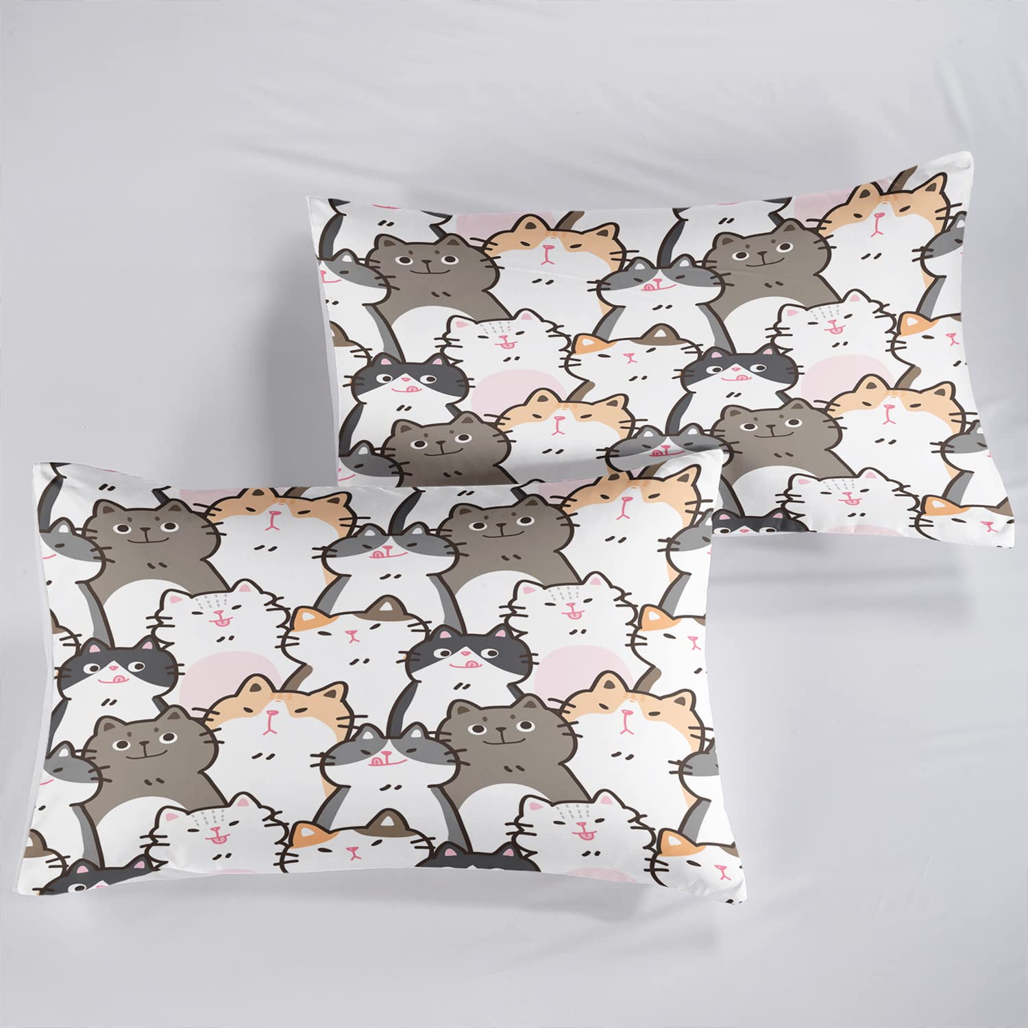 CVHOUSE Cat Fitted Sheet Queen Size,Cartoon Cat Bed Sheet Set for Kids Teens,Kawaii Bedding Set,1 Flat Sheet & 1 Fitted Sheet with 2 Pillow Cases - 4 Piece