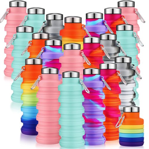 Sunnyray Collapsible Water Bottles Bulk Foldable Water Bottles 17oz Silicone Portable Leak Proof Reusable Sports with Clip for Travel Hiking Camping Outdoor(Tie-dye,20 Pack)