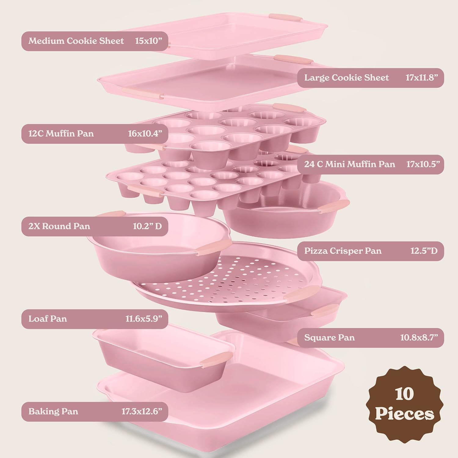 Country Kitchen Nonstick Bakeware Set - Heavy Duty & Easy Release, 10-Piece Pink Collection