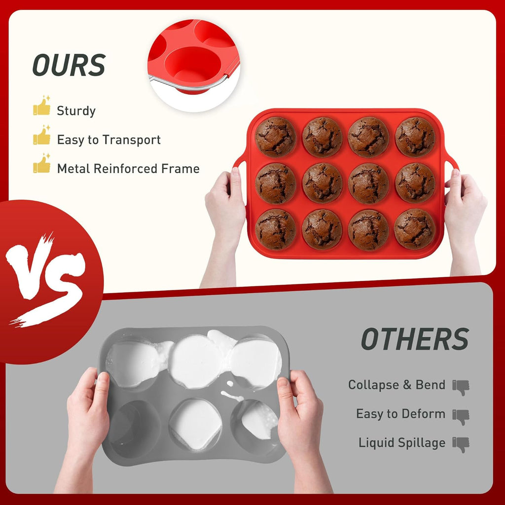 Skiennix Silicone Muffin Pan Set - 12 Cups with Metal Reinforced Frame | Oven & Dishwasher Safe