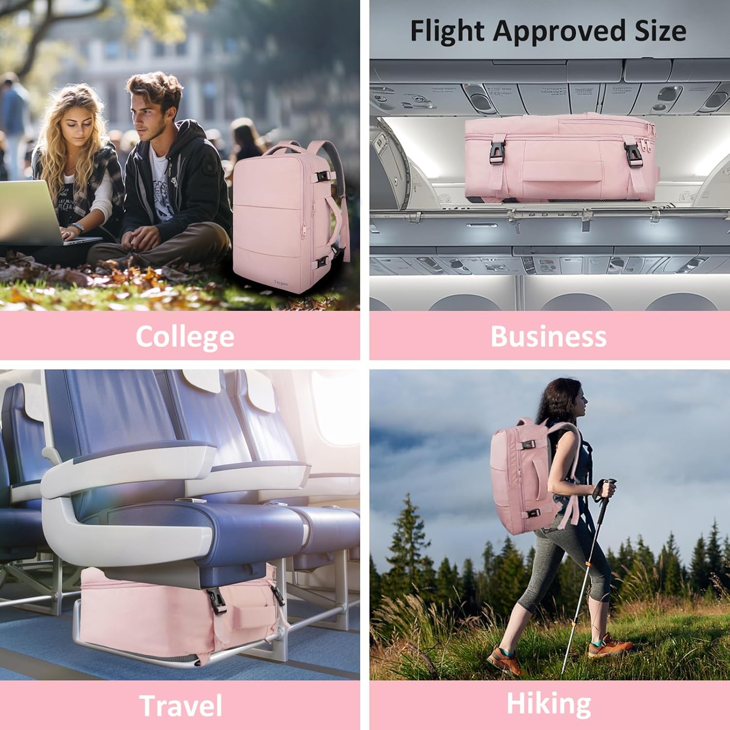 Taygeer Travel Backpack - TSA-Approved 15.6-Inch Laptop Bag with Water Bottle Pocket & Shoe Pouch | Pink