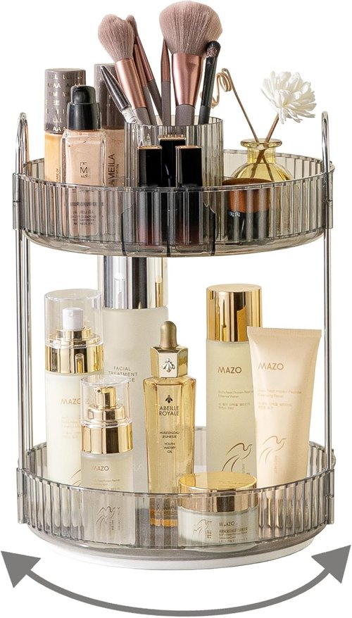 Asayuee 360 Rotating Makeup Organizer - 2-Tier Large Capacity for Skincare & Cosmetics Storage | Grey