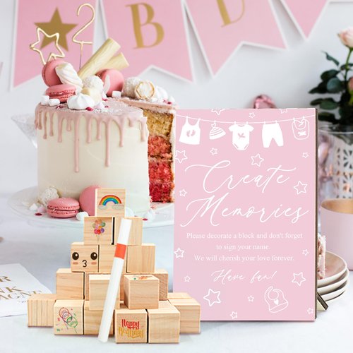 ZCPTZ 97 Pcs Pink Baby Shower Games Sign Kit,Including Decorate a Block Game Sign 72 DIY Blank Wooden Block 24 Pen to Draw Your Idea for Baby Shower Game Gender Reveal Party