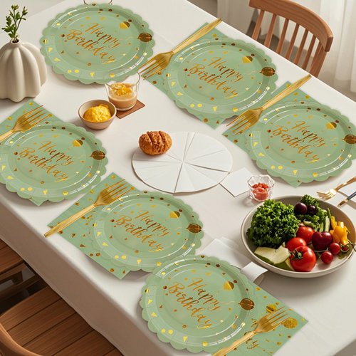 48PCS Happy Birthday Plates and Napkins Party Supplies-Disposable Sagegreen and Gold Birthday Scalloped Cake Plates and Napkins with Forks Tableware Set for Birthday Party Decorations 16 Guests