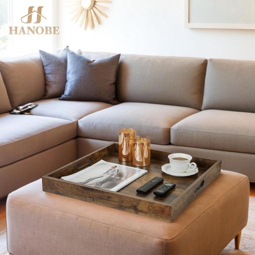 Hanobe Ottoman Tray for Living Room: Wood Serving Tray for Coffee Table - 20" Square Rustic Farmhouse Platter with Handles - Extra Oversized Decorative Topper for Kitchen Brown
