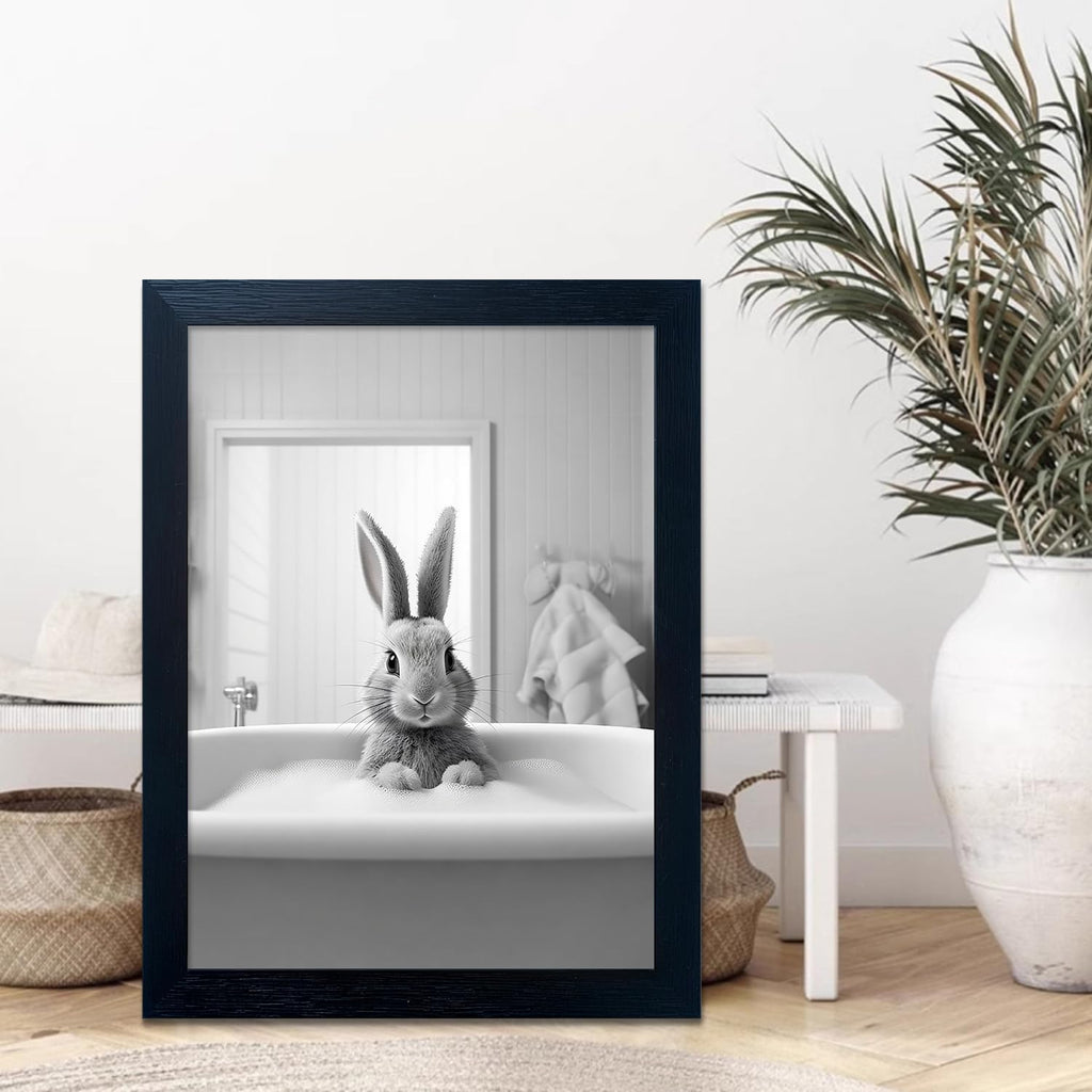 Regine Switzerland Funny Kids Bathroom Wall Art - Cute Black and White Animal Canvas Print | Framed Rabbit in Bathtub Decor