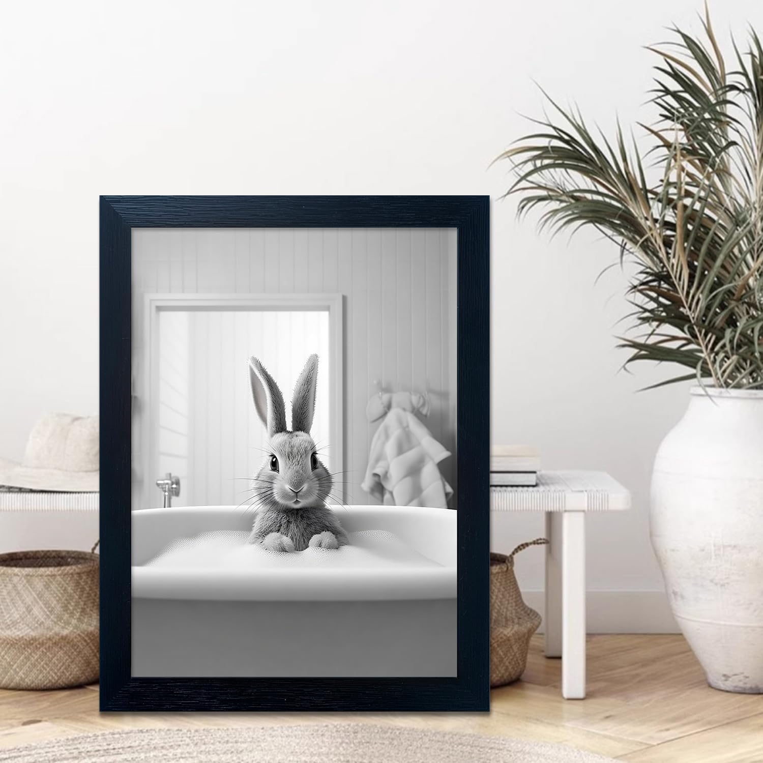 Regine Switzerland Funny Kids Bathroom Wall Art - Cute Black and White Animal Canvas Print | Framed Rabbit in Bathtub Decor