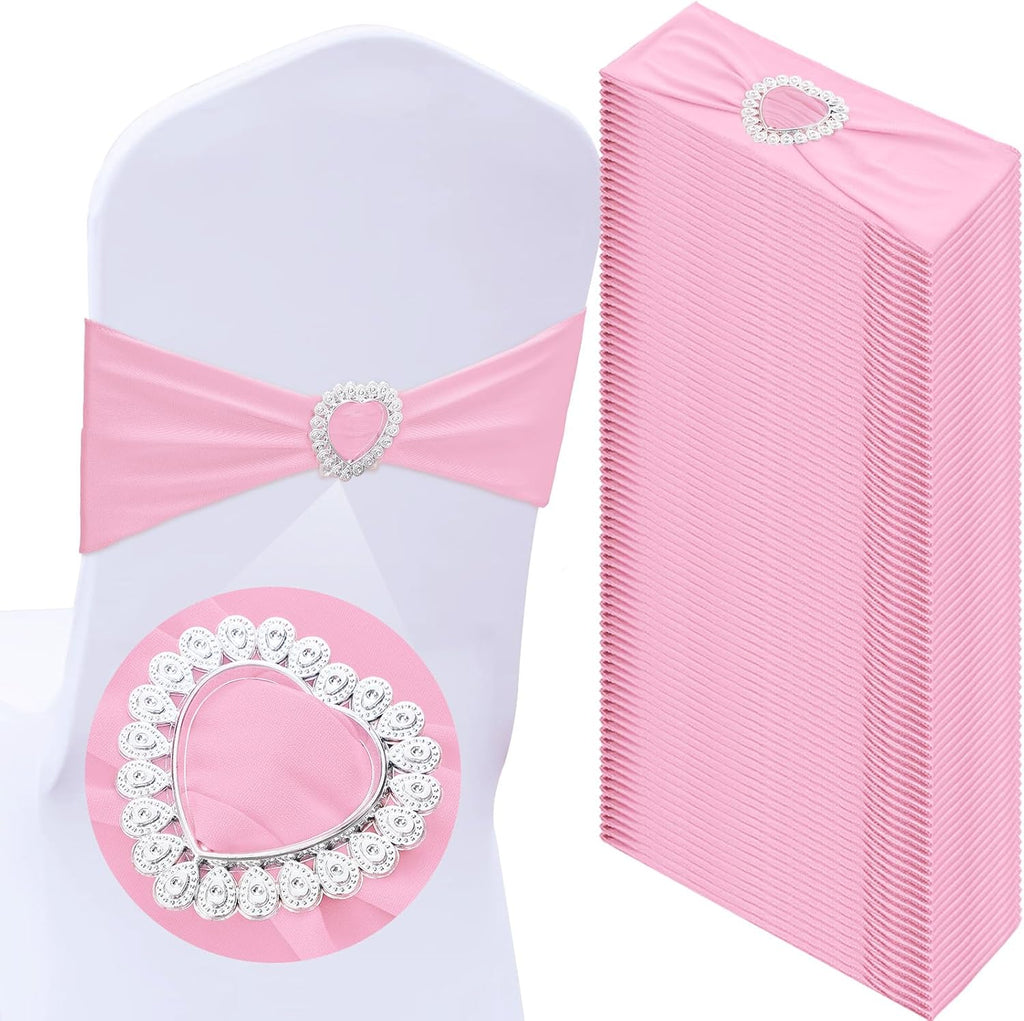 VitalCozy Spandex Chair Sashes - 50 Pcs with Heart-Shaped Buckle Slider | Universal Elastic Ties for Weddings & Events (Pink)