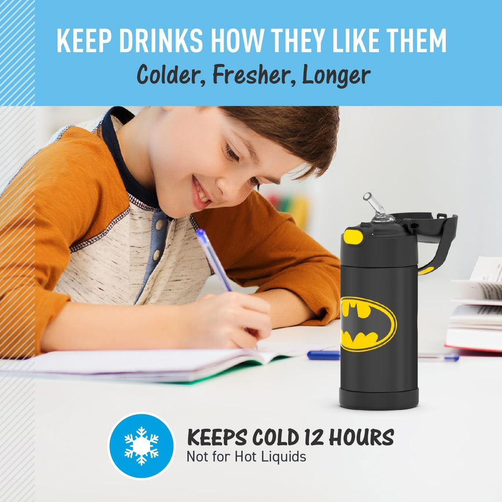 THERMOS FUNTAINER Kids Water Bottle - 12 Ounce Stainless Steel Vacuum Insulated with Straw | Batman Design