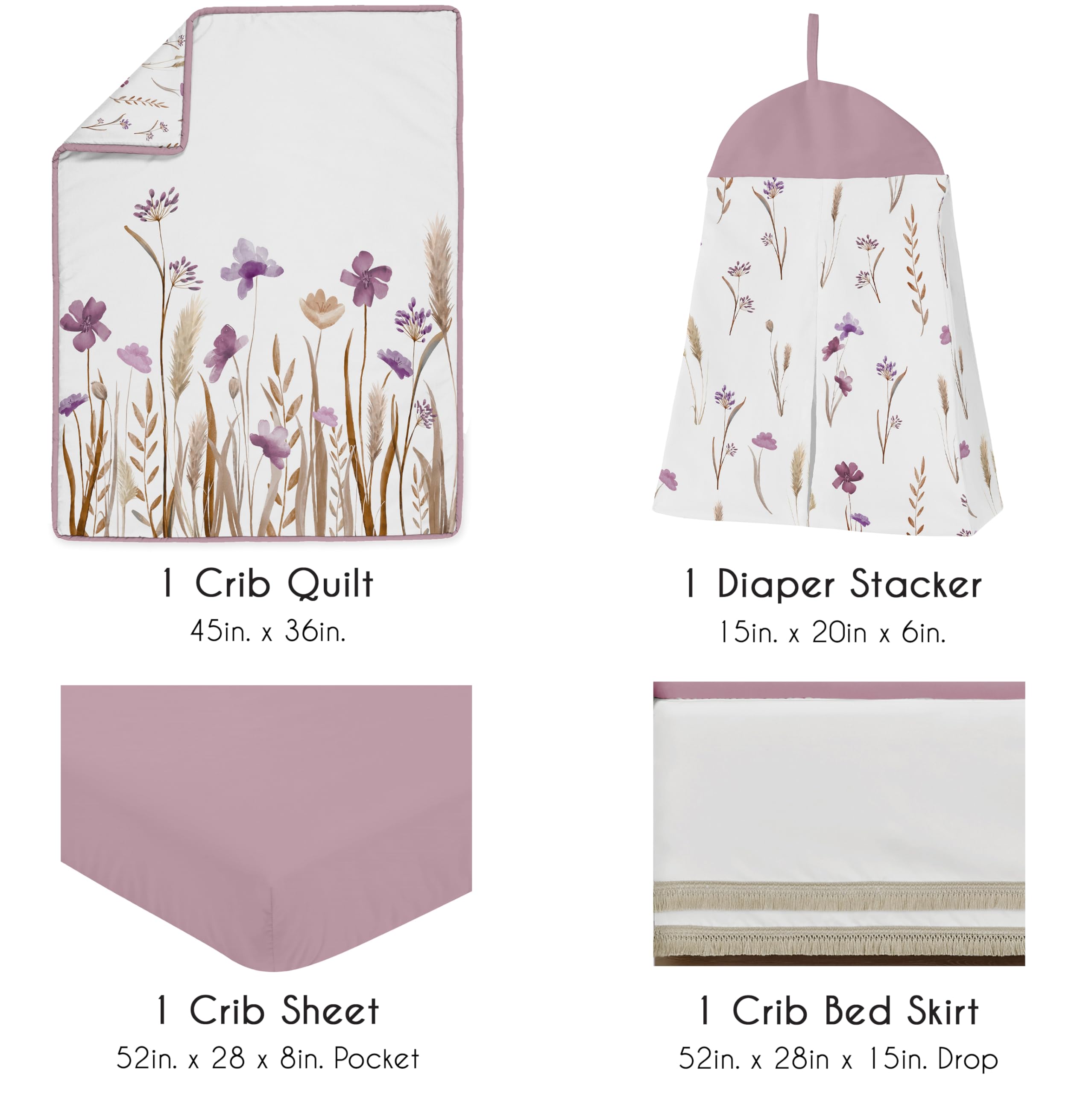 Sweet Jojo Designs 4-Piece Baby Crib Bedding Set (Purple Boho Floral) for Girls, Infants/Nursery incl. Blanket, Fitted Sheet, Skirt, Diaper Stacker (Vintage, Wildflower Garden, Bohemian, Farmhouse)