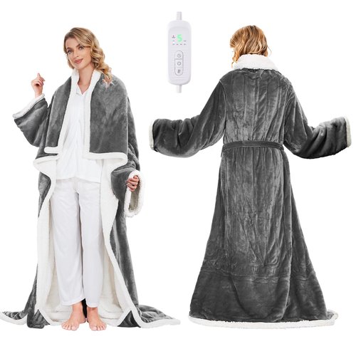 Electric Heated Blanket - Wearable Heated Blanket Throw with Foot Pockets, Sleeves Flannel & Sherpa Wearable Blanket 8 Heating Levels & Timer Snuggle Blankets for Home Office -50*60" Robes for Women