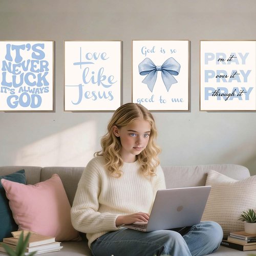 EVER-GOING TUNE Gray Blue Jesus Wall Decor Set of 4 - Inspirational Bible Verse Art for Girls' Bedrooms | 8x10 Unframed