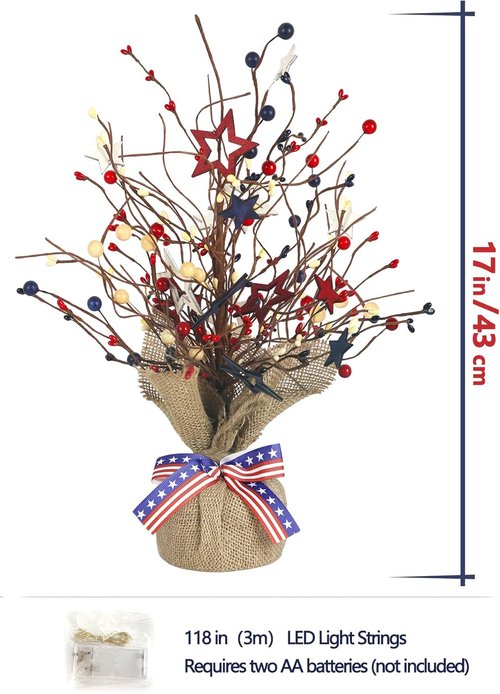 4th of July Decorations - Lighted Patriotic Tree | 17-Inch Red, White, and Blue Tabletop Decor