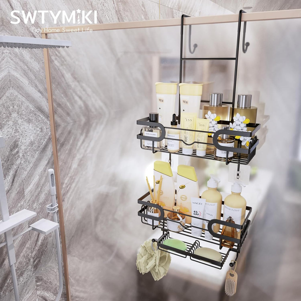 SWTYMIKI Over The Door Shower Caddy - Double Soap Holder & 16 Hooks | No Drilling Bathroom Organizer, Black