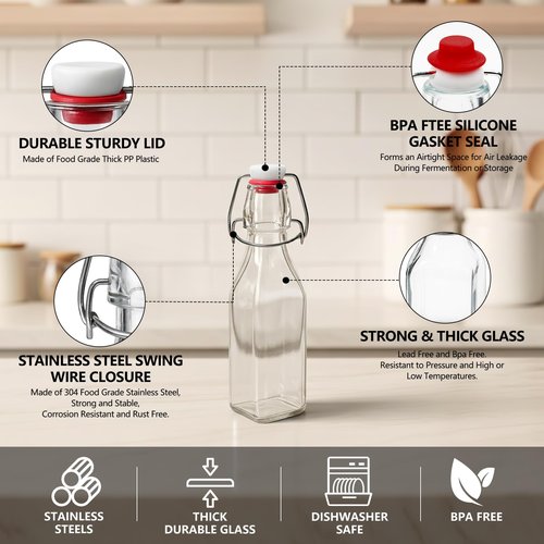 Ruckae Square Swing Top Glass Bottles with Lids Kombucha Coquito Flip Top Glass Bottle for Syrup Vanilla Extract Brew Beer Kefir Air Tight Bottles for Gift (8.5 oz 12 pack)
