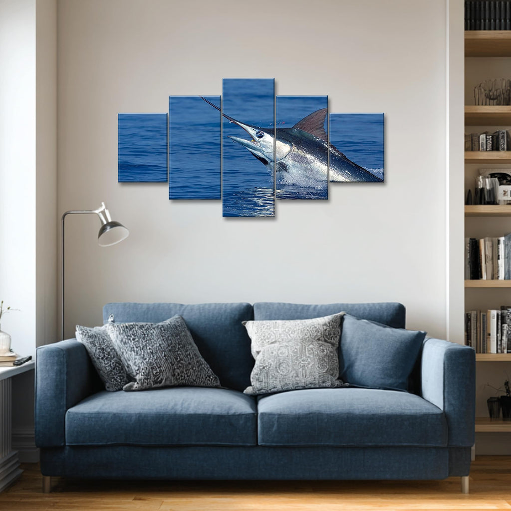 Blue Marlin Fish Wall Decor Ocean Animal Wall Art Large Fish Poster Deep Sea Fishing Picture 5 Piece Painting HD Canvas Print Framed Gifts for Men Decor with Frame Ready to Hang(60''Wx32''H)
