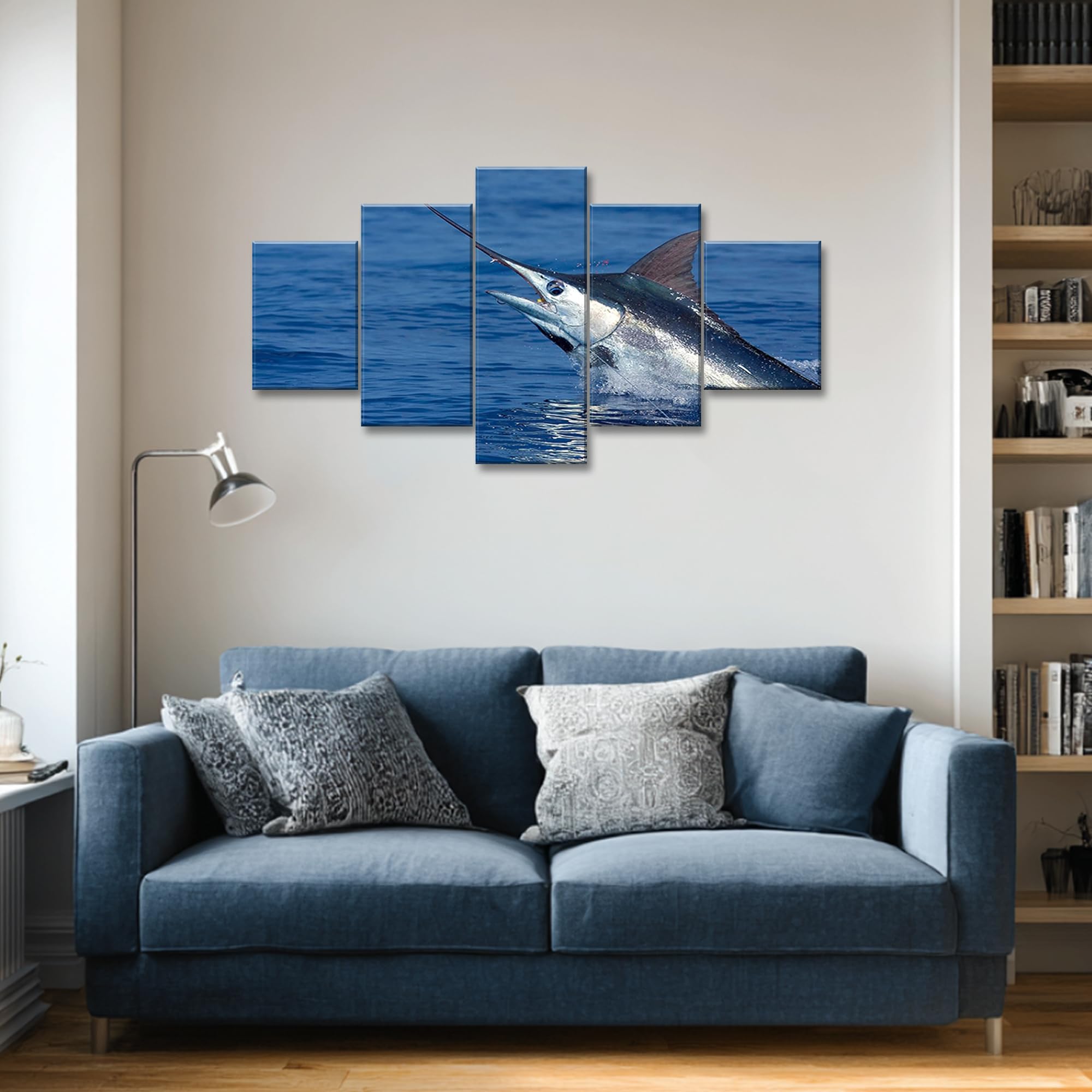 Blue Marlin Fish Wall Decor Ocean Animal Wall Art Large Fish Poster Deep Sea Fishing Picture 5 Piece Painting HD Canvas Print Framed Gifts for Men Decor with Frame Ready to Hang(60''Wx32''H)